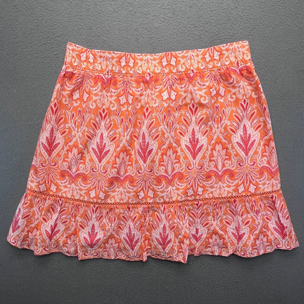 LOFT Women Mini Skirt Cotton Rayon Orange‎ Paisley Medium Boho Ruffle Hem